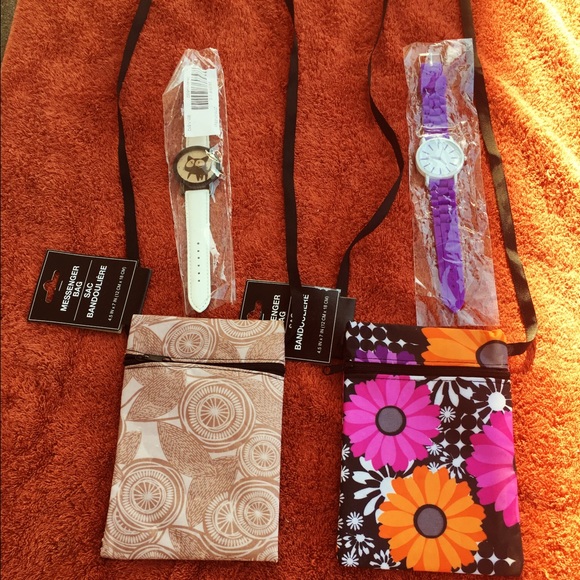 2 Messenger shoulder/Neck pouch bags & 2 Watches