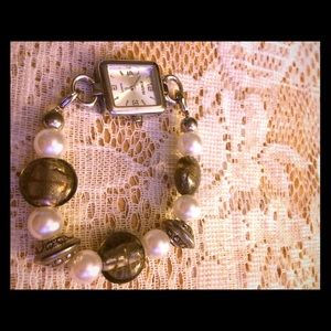 Pearl beaded charm bracelet watch