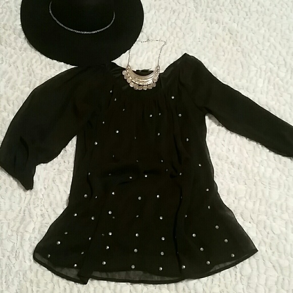 Black w/ gold sequence sheer sleeve boho dress top - Picture 1 of 4