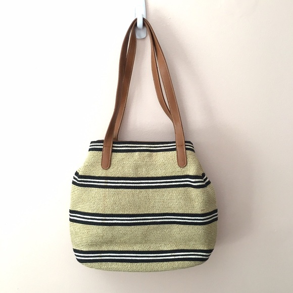 SOLD! Striped Straw Tote w/ Faux Leather Straps
