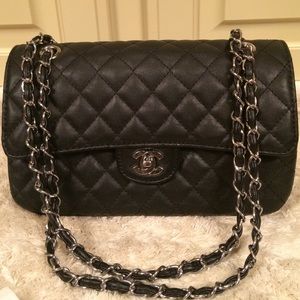 Black quilted inspired purse with silver chain