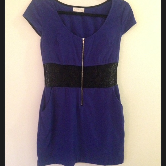 Blue Satin & Black Lace Dress - Picture 1 of 4