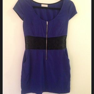 Blue Satin & Black Lace Dress