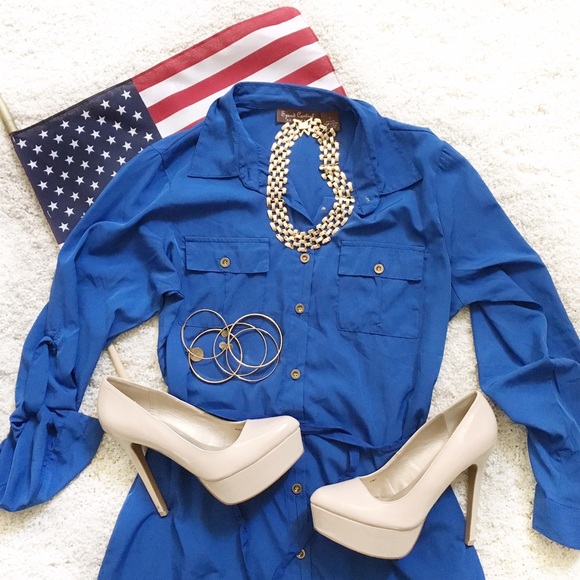 Dresses & Skirts - Royal blue, button up dress with waist tie🇺🇸💕