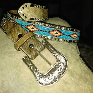 Ariat genuine leather deer hide silver beaded belt