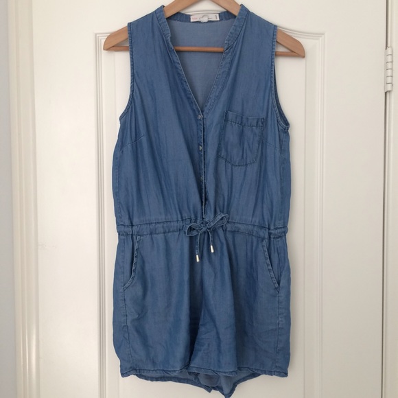 Chambray Romper with Buttons and Tie Waist