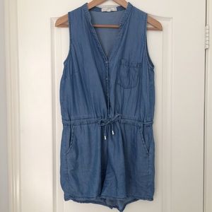 Chambray Romper with Buttons and Tie Waist