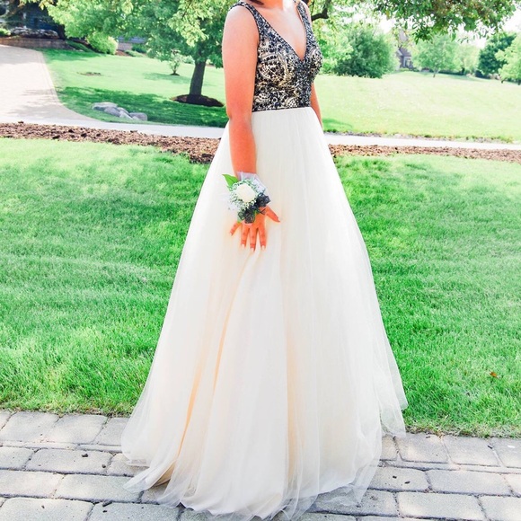 Black and champagne prom dress