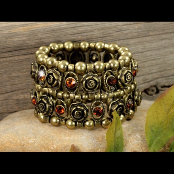 Beads and roses in burnished bronze tone bracelet.