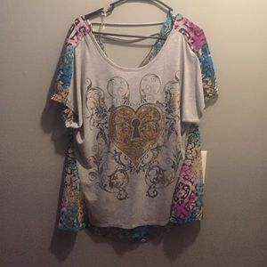 Gray multicolored graphic shirt.
