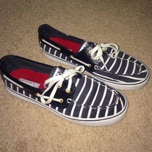 Navy blue and white striped sperrys