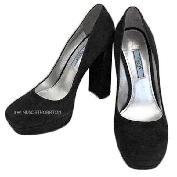 Prada Suede Chunky Heel Platform Pumps, Nero Black