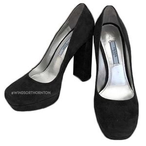 Prada Suede Chunky Heel Platform Pumps, Nero Black