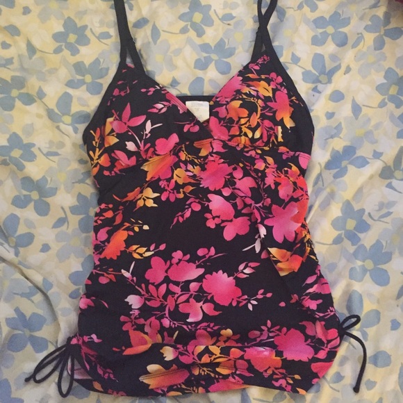 Pink and black floral bathing suit top