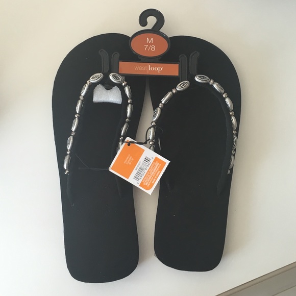 Black flip flops with gem straps