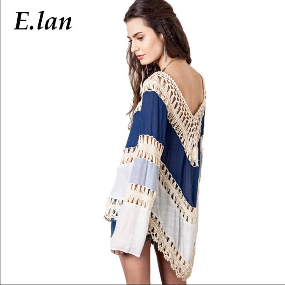 Crotchet Loose Long Sleeve Boho Blue "One Size" - Picture 2 of 6