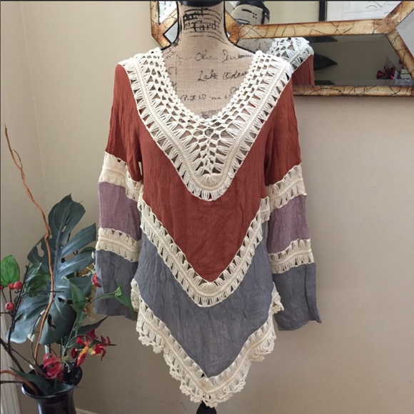 Crotchet Loose Long Sleeve Boho Blue "One Size" - Picture 5 of 6