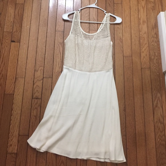 Petty cream colored dress with tan crocheted top