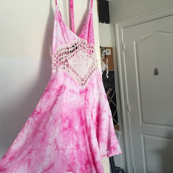 Pink tye-dye rompers with lace front