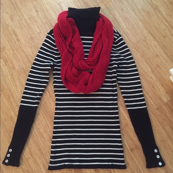 B&W striped turtleneck with red infinity scarf