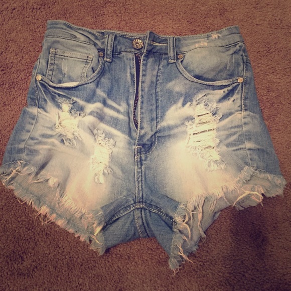 High waisted distressed denim shorts