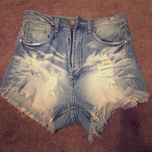 High waisted distressed denim shorts