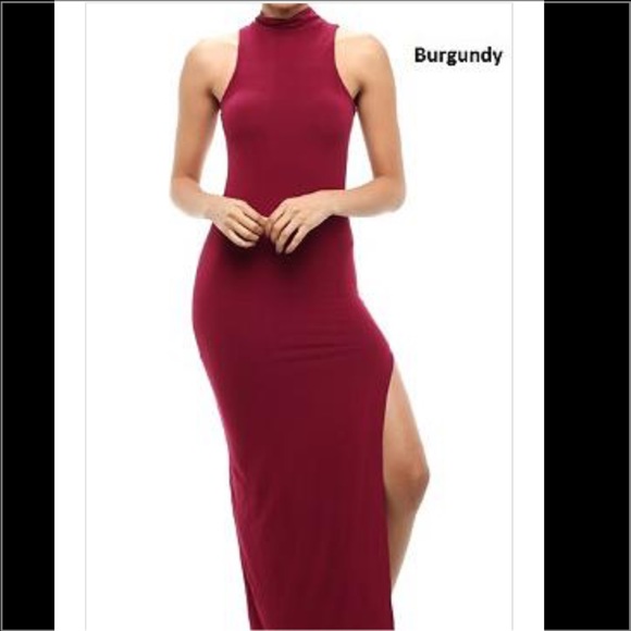 Sexy Burgundy Mock Neck Maxi Dress w/ Slits - Picture 2 of 2
