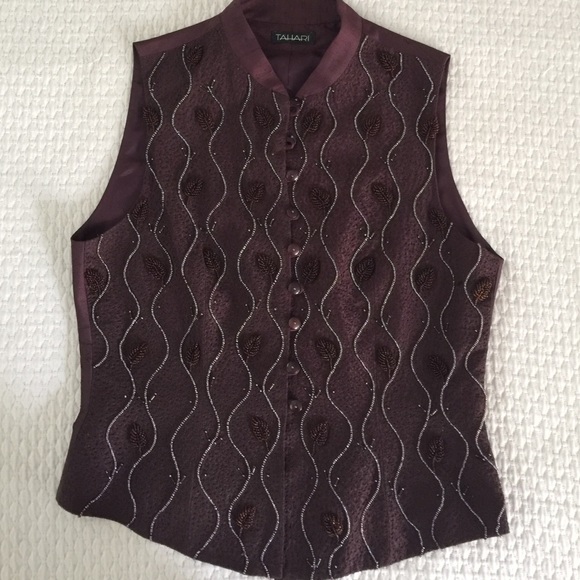 TAHARI vintage Burgundy 100% silk beaded vest , 4 - Picture 2 of 4