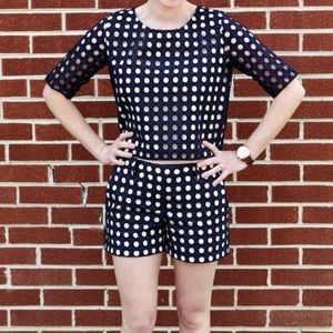 Ann Taylor navy & tan polka dot crop top sz xs