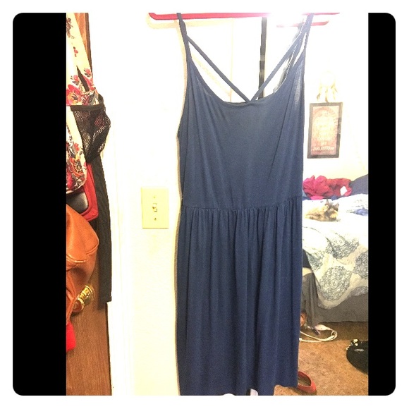 Blue knee length dress.