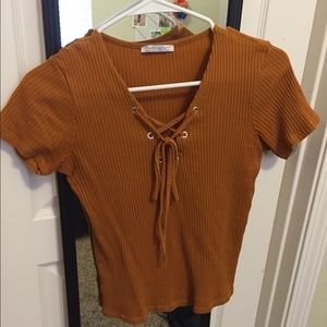 Zara lace up ribbed mustard top