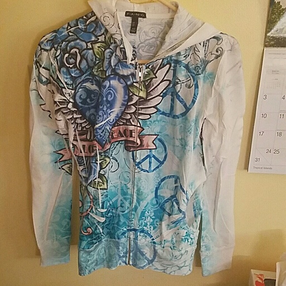 Long sleeve white and blue zip up