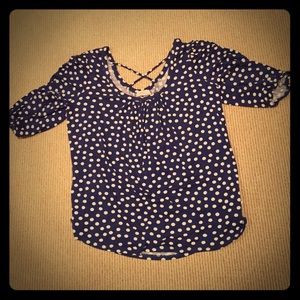 Blue and white polka dot top