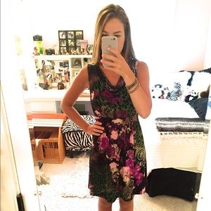 Purple, green, and black dress