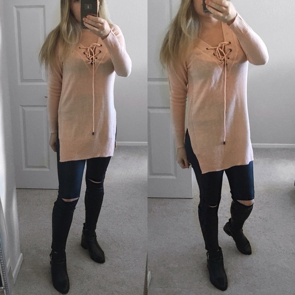 Blush Lace Up Sweater - Picture 4 of 4