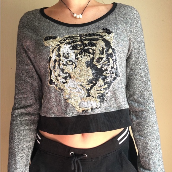Express cropped tiger sequin sweatshirt