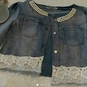 Lace and pearl jean jacket