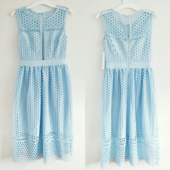 AQUA Circle Lace Illusion Midi Dress Sky Blue - Picture 3 of 4