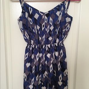 blue, purple, white, patterned dress