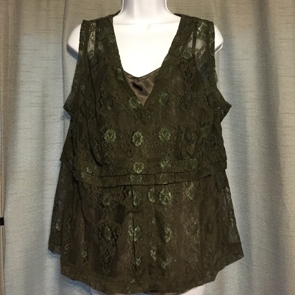 Olive Green Lace Blouse w/ Matching Satin Cami 3X