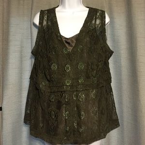 Olive Green Lace Blouse w/ Matching Satin Cami 3X