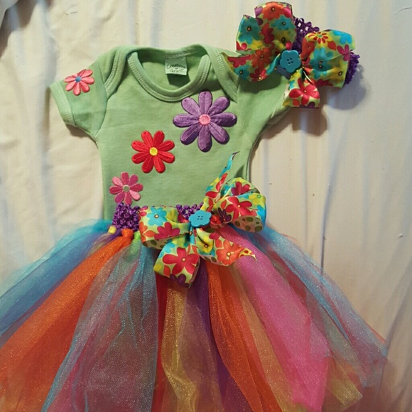 Green embellished onesie with tutu and headbow