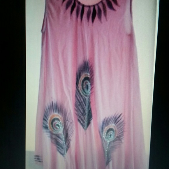 Pink summer dress with peacock feathers + FREE