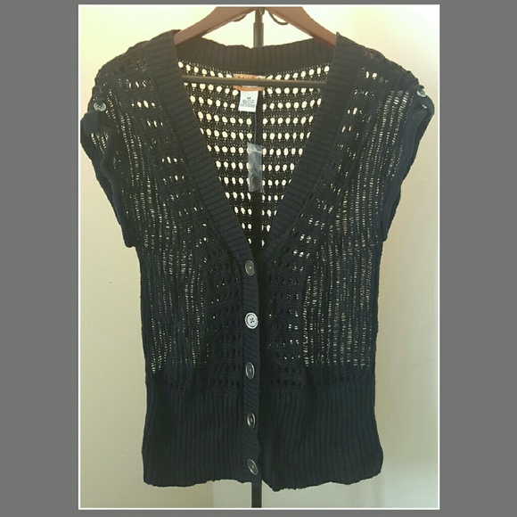 Black Open-Knit Short Sleeve Cardigan