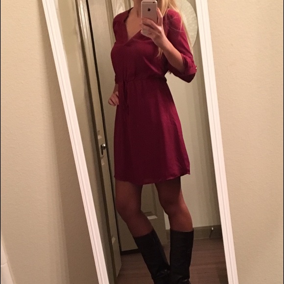 Burgundy Chiffon Waist-Tie Dress