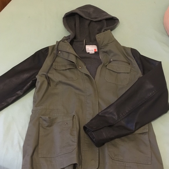 Green jacket with black 'leather' sleeves