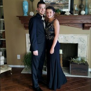 gold and black prom dress with beaded top