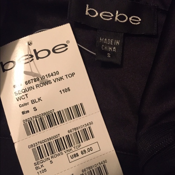 Bebe Vneck Sequin Black Silky Top, Sz S, NWT - Picture 4 of 4