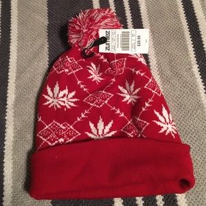 HUF brand beanie red and white with "plant" print