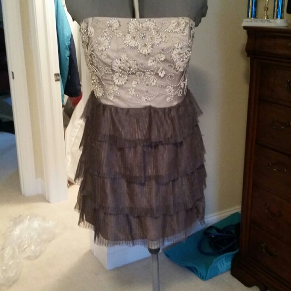 Gray and pink beaded and tulle cocktail dress